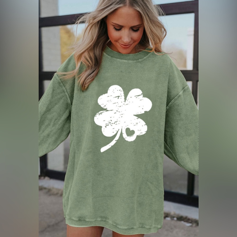 Green Distressed 4 Leaf Clover St Patrick’s Day Corded Sweatshirt